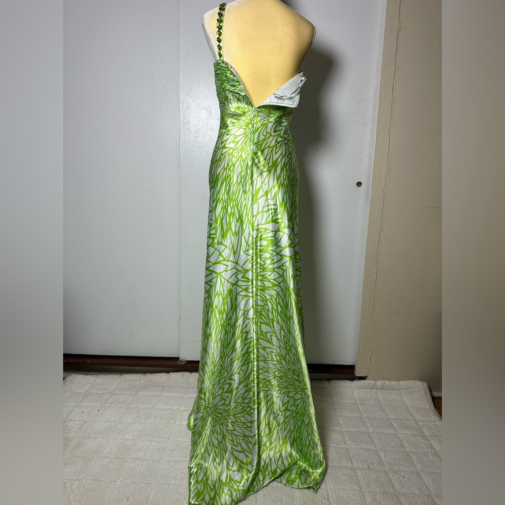 Morgan & Co Vintage Y2K Prom Gown Lime Green Silver 1 Shoulder Embellished 9/10 - Picture 6 of 12